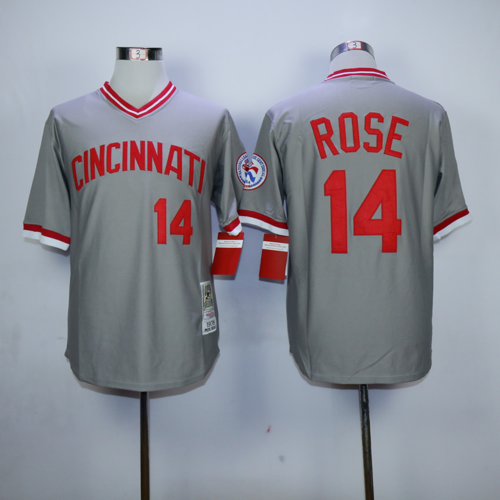 Men MLB Cincinnati Reds 14 Rose throwback grey jerseys